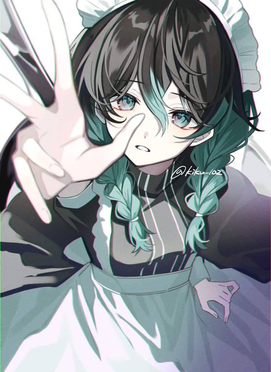 1girl, alternate_costume, apron, aqua_eyes, aqua_hair, arm_up, black_dress, black_hair, braid, breasts, commentary, dress, enmaided, frilled_apron, frills, gradient_hair, hair_between_eyes, hand_on_lap, hand_up, hatsune_miku, highres, kikutouji, long_hair, looking_at_viewer, maid, maid_apron, maid_headdress, medium_breasts, multicolored_hair, outstretched_arm, parted_lips, reaching, reaching_towards_viewer, saji_no_majinai_(vocaloid), sleeve_cuffs, solo, striped_clothes, striped_dress, teeth, twin_braids, twitter_username, two-tone_hair, upper_body, vocaloid, white_apron