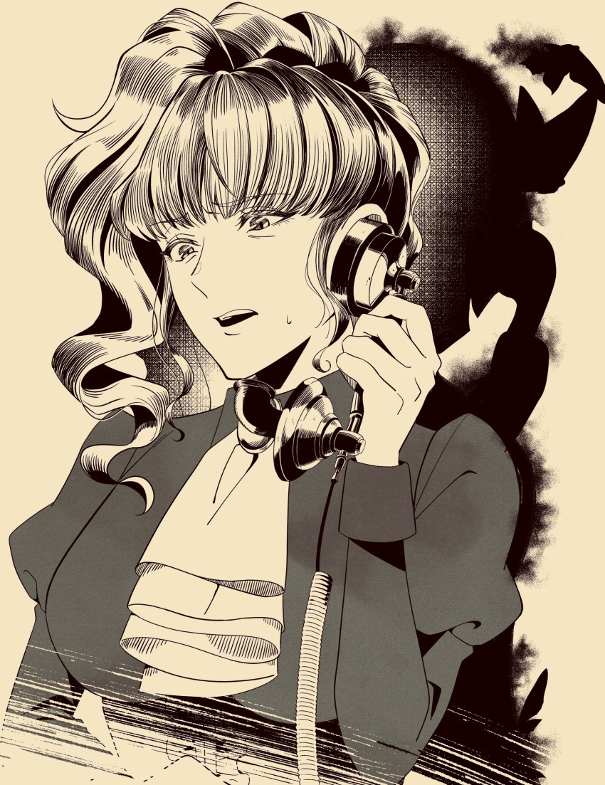 1girl, ascot, curly_hair, end_of_the_golden_witch, greyscale, highres, holding, holding_phone