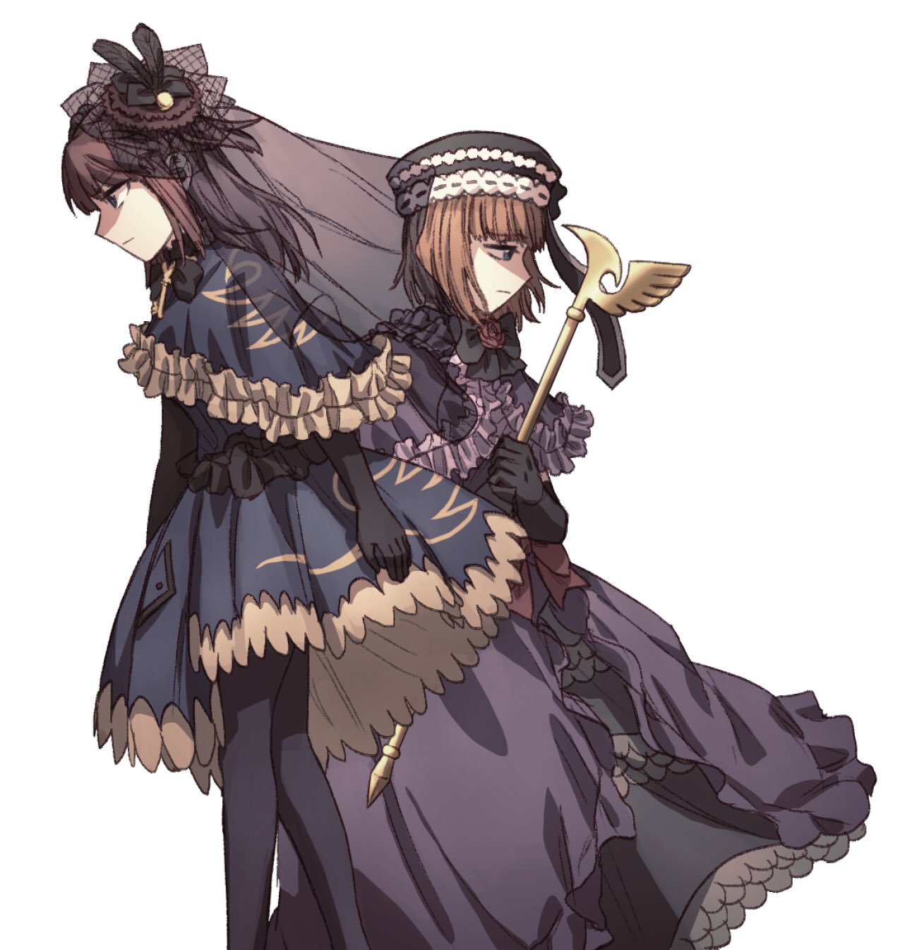 2girls, ange_beatrice, back-to-back, black_dress, black_pantyhose, closed_mouth, commentary_request, dress