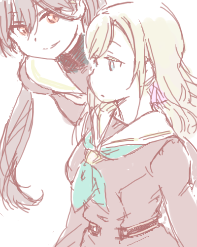 2girls, aqua_neckerchief, blonde_hair, blue_eyes, breasts, brown_dress, ceras_yanagida_lilienfeld, closed_mouth