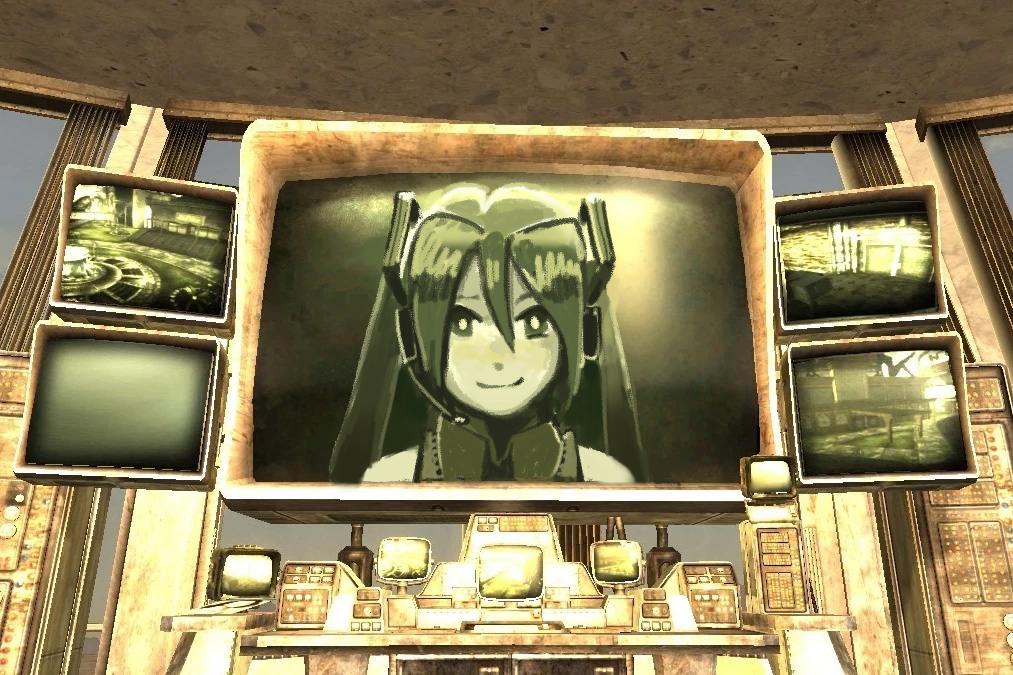 1girl, computer, fallout, fallout:_new_vegas, game_screenshot_background, hatsune_miku, looking_at_viewer, multiple_screens