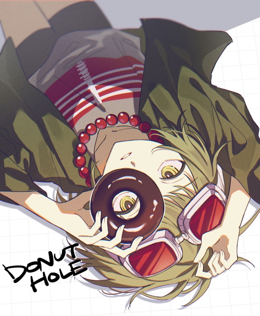 1girl, bead_necklace, beads, black_shorts, collarbone, commentary, cowboy_shot, donut_hole_(vocaloid), doughnut, english_commentary, food, goggles, goggles_on_head, green_eyes, green_hair, green_jacket, grey_shirt, gumi, holding, holding_donut, holding_food, jacket, jewelry, kikutouji, looking_at_viewer, looking_through_donut, lying, necklace, on_back, open_clothes, open_jacket, parted_lips, red-tinted_eyewear, red_goggles, shirt, short_hair, shorts, sidelocks, skeleton_print, solo, song_name, tinted_eyewear, upside-down, vocaloid