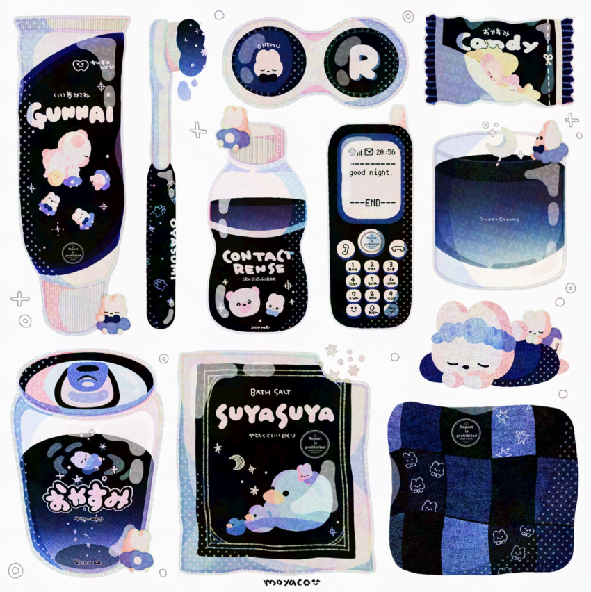 artist_name, blanket, blue_theme, can, candy, closed_eyes, commentary, commentary_request