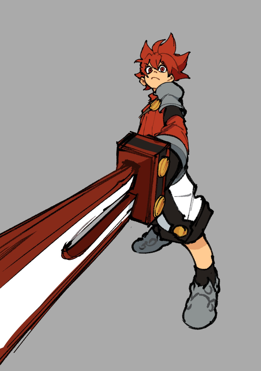 1boy, absurdres, angry, black_socks, bonesaw_(rdkshinku), buttons, elsword, elsword_(character)