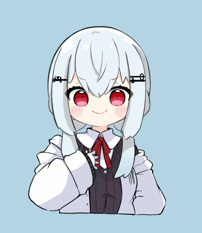>:), 1girl, black_jacket, blue_background, blush_stickers, chibi, closed_mouth, collared_shirt