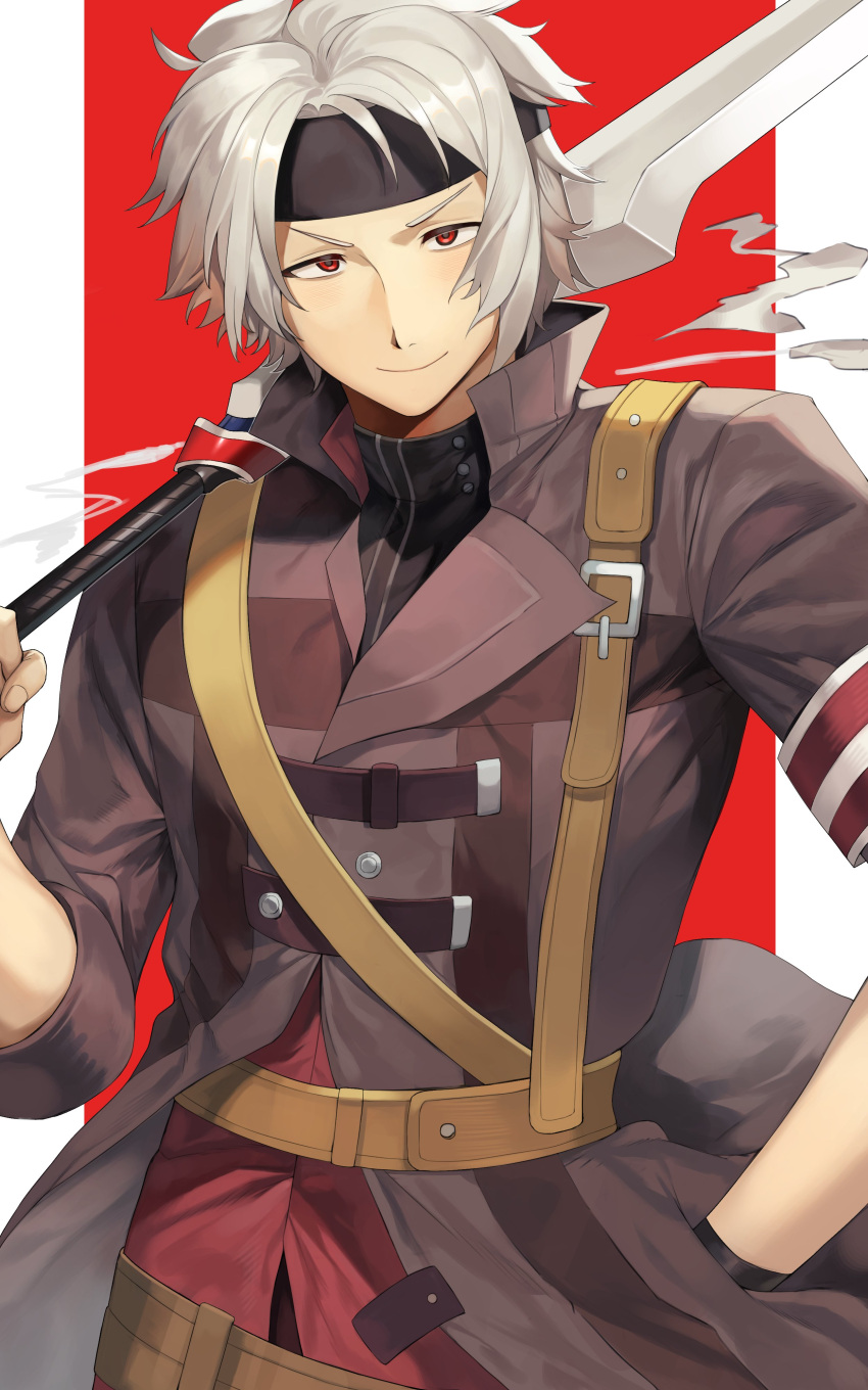 1boy, absurdres, black_headband, brown_coat, cancanbaobao55, closed_mouth, coat, crow_armbrust