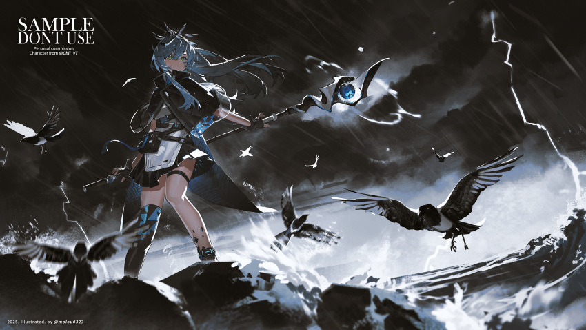1girl, 2025, absurdres, aqua_eyes, belt, belt_bag, black_bag, black_belt, black_boots, black_capelet, black_coat, black_gloves, black_skirt, black_socks, blue_hair, boots, capelet, character_request, closed_mouth, coat, coattails, collared_capelet, commentary, commission, commissioner_name, copyright_notice, english_commentary, expressionless, fingerless_gloves, floating_clothes, floating_hair, flock, full_body, gloves, hair_between_eyes, high_belt, high_collar, highres, holding, holding_staff, holding_weapon_behind_back, indie_virtual_youtuber, lightning, long_hair, magpie, material_growth, miniskirt, moroo, multiple_belts, ocean, open_clothes, open_coat, over-kneehighs, pleated_skirt, ponytail, rain, sample_watermark, shirt, single_over-kneehigh, single_thighhigh, skirt, socks, solo, staff, standing, storm, thigh-highs, thigh_strap, twitter_username, vgen_commission, virtual_youtuber, watermark, waves, white_shirt