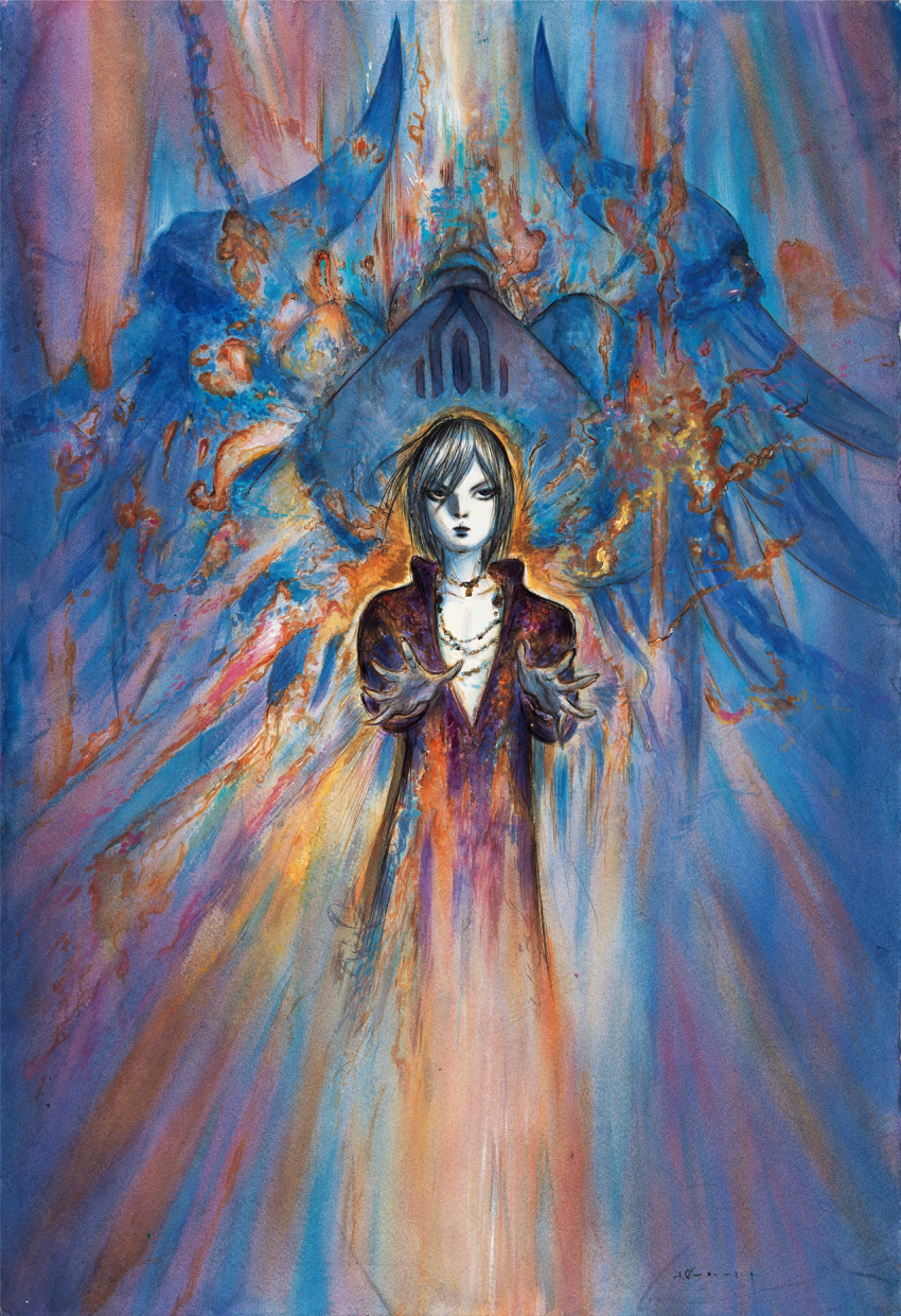 1boy, amano_yoshitaka, chain, collarbone, commentary, final_fantasy, final_fantasy_xi, hair_between_eyes, highres, jewelry, necklace, official_art, outstretched_arms, outstretched_hand, plunging_neckline, promathia_(ff11), second-party_source, selh'teus, short_hair, signature