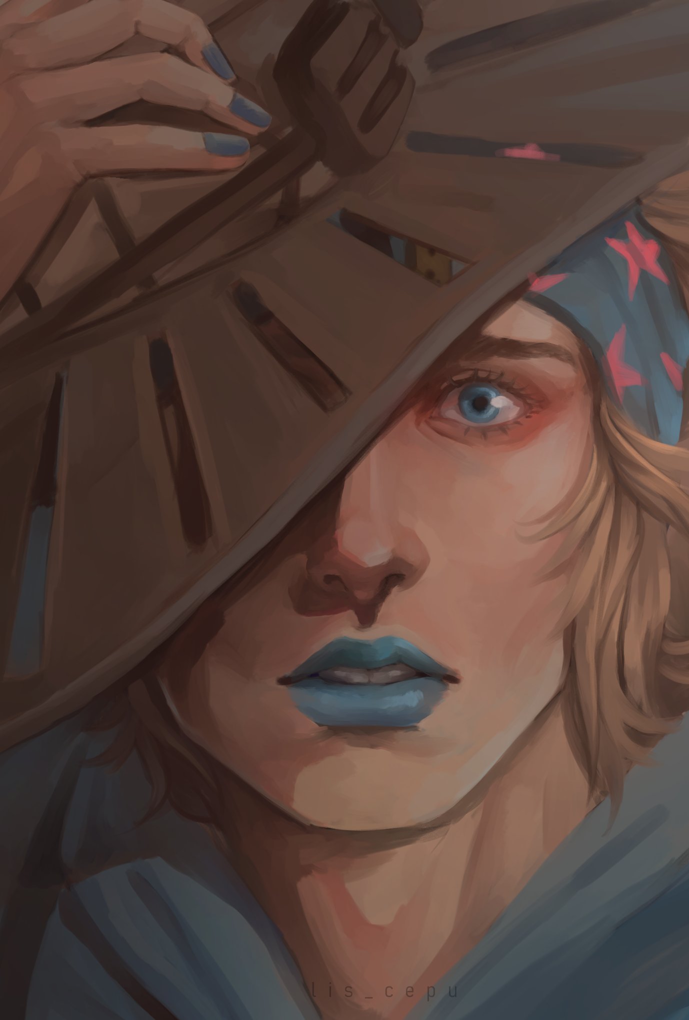 1boy, beanie, blue_eyes, blue_hat, blue_lips, blue_nails, brown_hair, cowboy_hat, goggles, goggles_on_headwear, hat, highres, johnny_joestar, jojo_no_kimyou_na_bouken, lis_cepu, looking_at_viewer, male_focus, messy_hair, parted_lips, portrait, solo, star_(symbol), star_print, steel_ball_run, upper_body