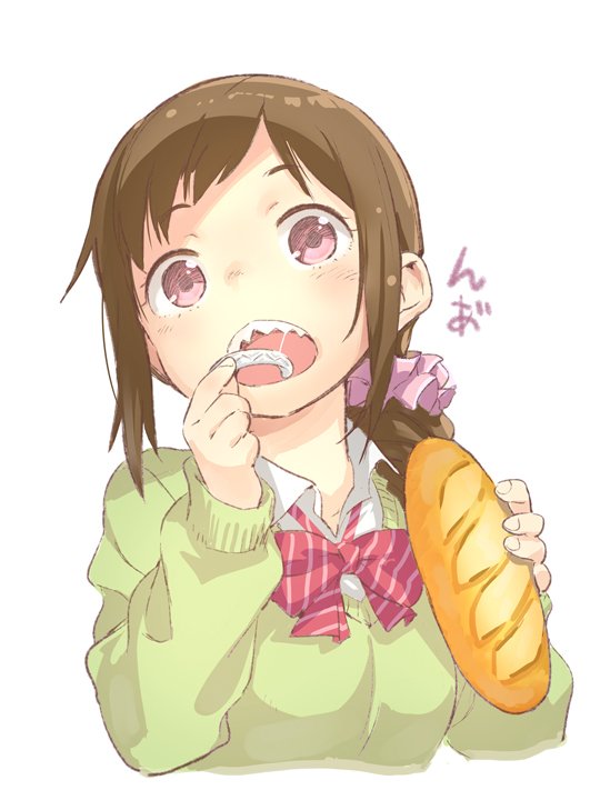 1girl, baguette, bow, bread, brown_hair, commentary, food, green_sweater