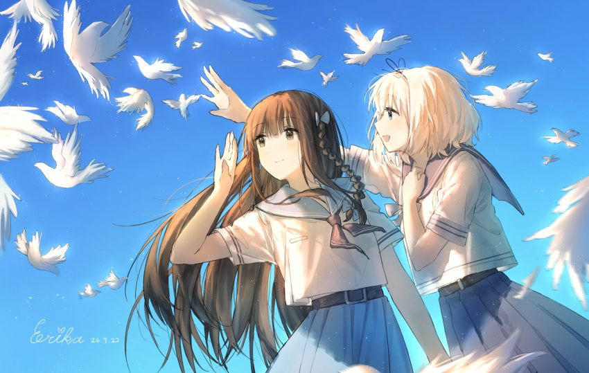 2girls, absurdres, belt, bird, black_neckerchief, blue_eyes, blue_sailor_collar, blue_skirt, braid, brown_eyes, brown_hair, day, erika_(user_spth3377), hair_ribbon, hanamura_hinako, highres, kitanai_kimi_ga_ichiban_kawaii, long_hair, looking_up, multiple_girls, neckerchief, pleated_skirt, ribbon, sailor_collar, school_uniform, serafuku, sezaki_airi, shirt, short_hair, short_sleeves, skirt, sky, smile, twin_braids, white_hair