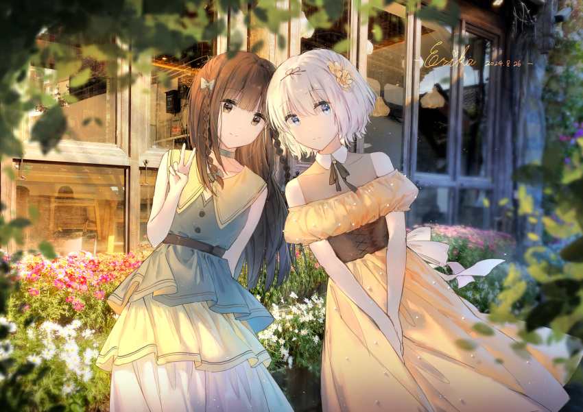 2girls, absurdres, blue_eyes, brown_eyes, brown_hair, buttons, choker, collared_dress