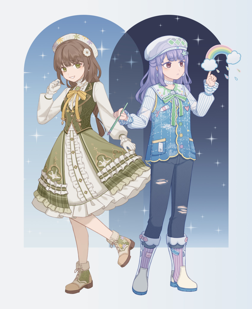 2girls, :o, absurdres, beanie, beret, blue_pants, blue_vest, boots