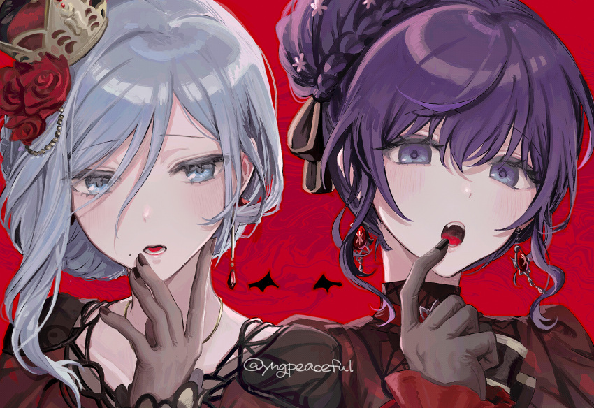 2girls, :o, asahina_mafuyu, ascot, black_ascot, black_nails, black_ribbon, blue_eyes