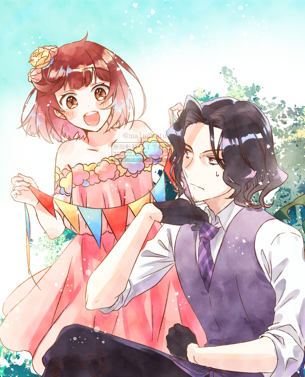 1boy, 1girl, atelier_(series), atelier_sophie, black_gloves, dress, flower, flower_on_head