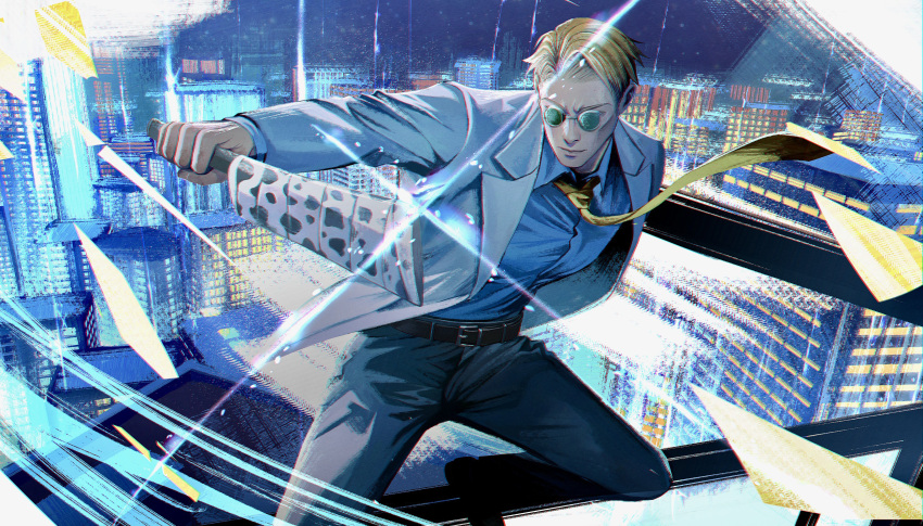 1boy, absurdres, belt, blonde_hair, blue_light, blue_shirt, blue_theme, brown_belt