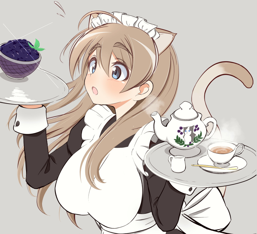 1girl, absurdres, alternate_costume, animal_ears, apron, breasts, brown_hair, cat