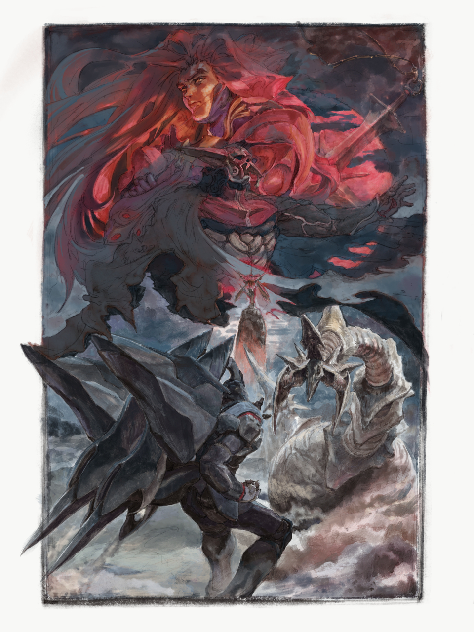 2boys, border, closed_mouth, commentary_request, crossed_arms, grahf, highres, id_(xenogears), kosibahara, long_hair, male_focus, mecha, monster, multiple_boys, outside_border, outstretched_hand, red_hair, robot, standing, weltall, white_border, xenogears
