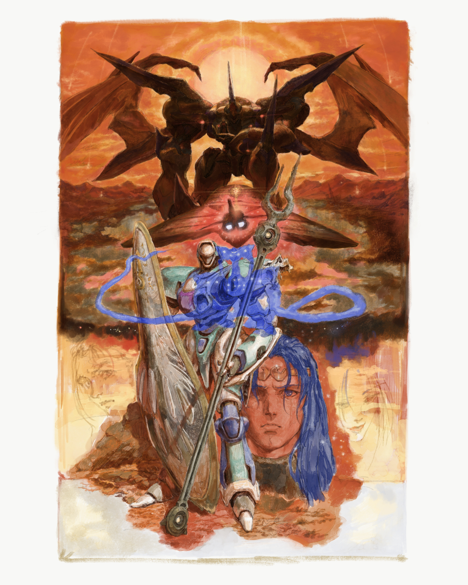 1girl, 2boys, blue_hair, border, character_request, circlet, commentary_request, highres