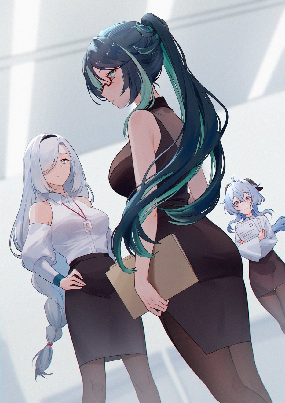 3girls, ahoge, alternate_costume, aqua_lips, bare_shoulders, black_hair, black_shirt, black_skirt, blue_eyes, blue_hair, braid, braided_ponytail, breasts, collared_shirt, cowboy_shot, detached_sleeves, folder, ganyu_(genshin_impact), genshin_impact, goat_horns, green_eyes, green_hair, hair_between_eyes, hair_over_one_eye, hand_on_own_hip, highres, holding, holding_folder, holding_paper, horns, id_card, indoors, juwei, lanyard, lipstick, long_hair, looking_at_viewer, looking_back, makeup, multicolored_hair, multiple_girls, office_lady, pantyhose, paper, ponytail, red-framed_eyewear, semi-rimless_eyewear, shenhe_(genshin_impact), shirt, sideways_glance, skirt, sleeveless, sleeveless_shirt, smile, violet_eyes, white_hair, white_shirt, white_sleeves, wide_sleeves, xianyun_(genshin_impact)