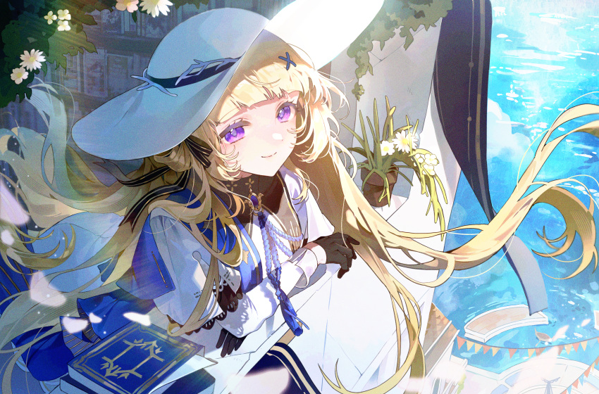 1girl, black_bow, black_gloves, blonde_hair, blue_gemstone, book, bookshelf, bow, closed_mouth, floating_hair, flower, fsuusux, gem, gloves, hair_bow, hair_ornament, hat, highres, long_hair, long_sleeves, looking_at_viewer, phoebe_(wuthering_waves), revision, sash, shirt, skirt, smile, solo, striped_bow, sun_hat, violet_eyes, white_hat, white_shirt, white_skirt, wind, wuthering_waves