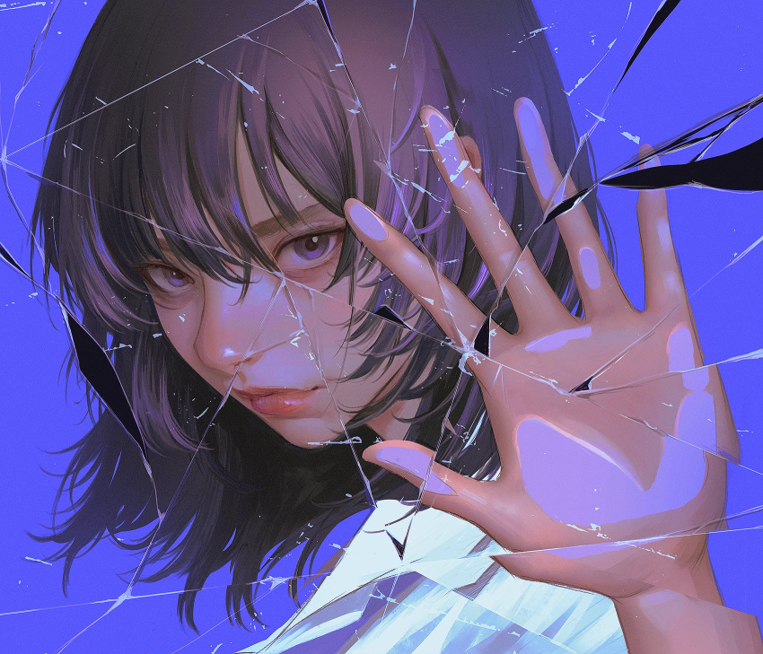 1girl, against_fourth_wall, black_hair, broken_glass, glass, hand_ball, highres, lips