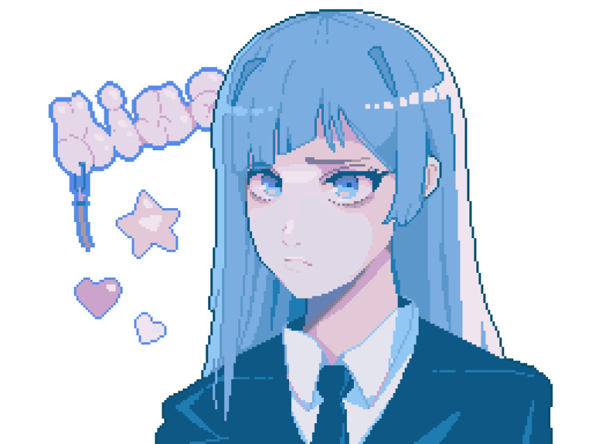 1girl, archapxl, black_jacket, black_necktie, black_suit, blue_eyes, blue_hair, character_name