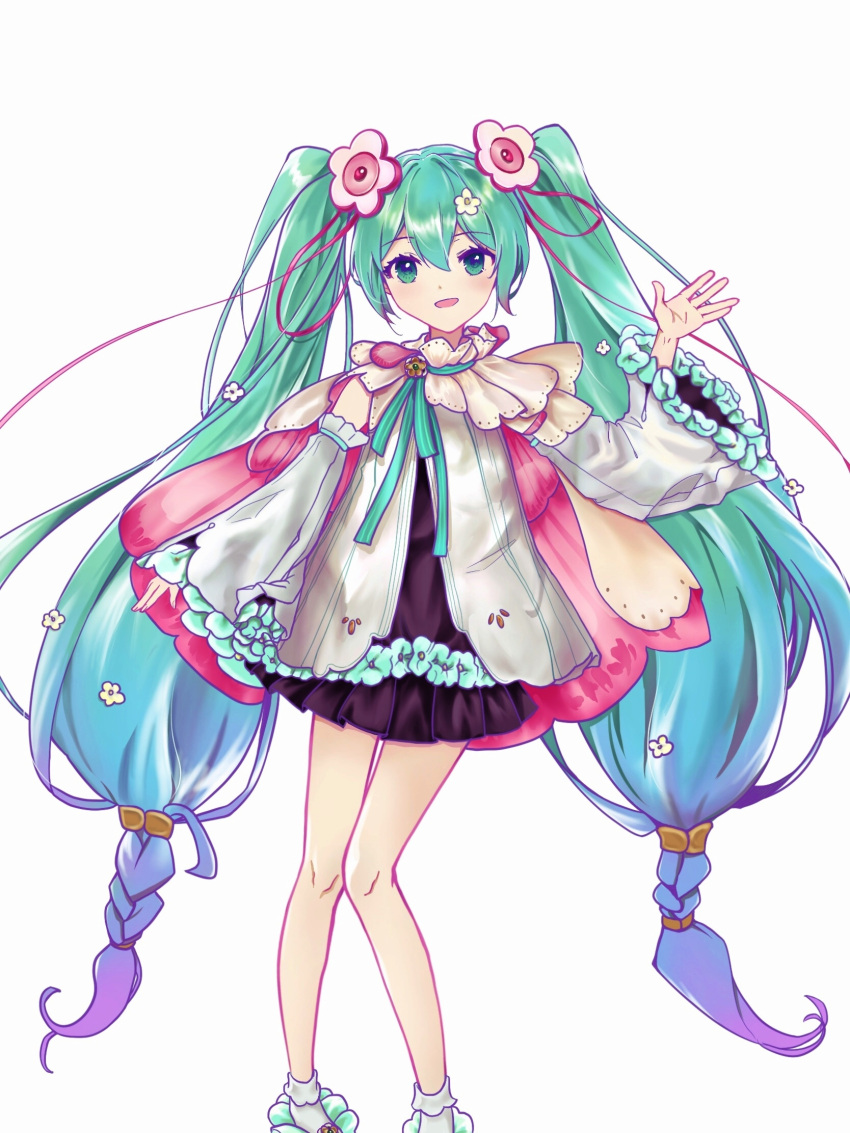 1girl, absurdly_long_hair, aqua_eyes, aqua_hair, aqua_ribbon, bare_legs, bare_shoulders, black_dress, blue_hair, braid, cape, chinese_commentary, commentary_request, detached_sleeves, dot_nose, dress, dress_under_skirt, eyelashes, feet_out_of_frame, flower, frilled_dress, frills, gradient_hair, hair_between_eyes, hair_flower, hair_ornament, hair_ribbon, hand_up, happy, hatsune_miku, highres, knees, light_blush, long_hair, long_sleeves, looking_at_viewer, low-tied_long_hair, low_twin_braids, multicolored_hair, neck_ribbon, open_mouth, palms, pink_cape, pink_flower, pink_ribbon, purple_hair, ribbon, shirt, short_dress, simple_background, single_stripe, smile, socks, solo, striped_ribbon, tangchaolilizi_kuriko, twin_braids, twintails, two-sided_cape, two-sided_fabric, very_long_hair, vocaloid, waving, white_background, white_cape, white_flower, white_shirt, white_sleeves, white_socks, wide_sleeves