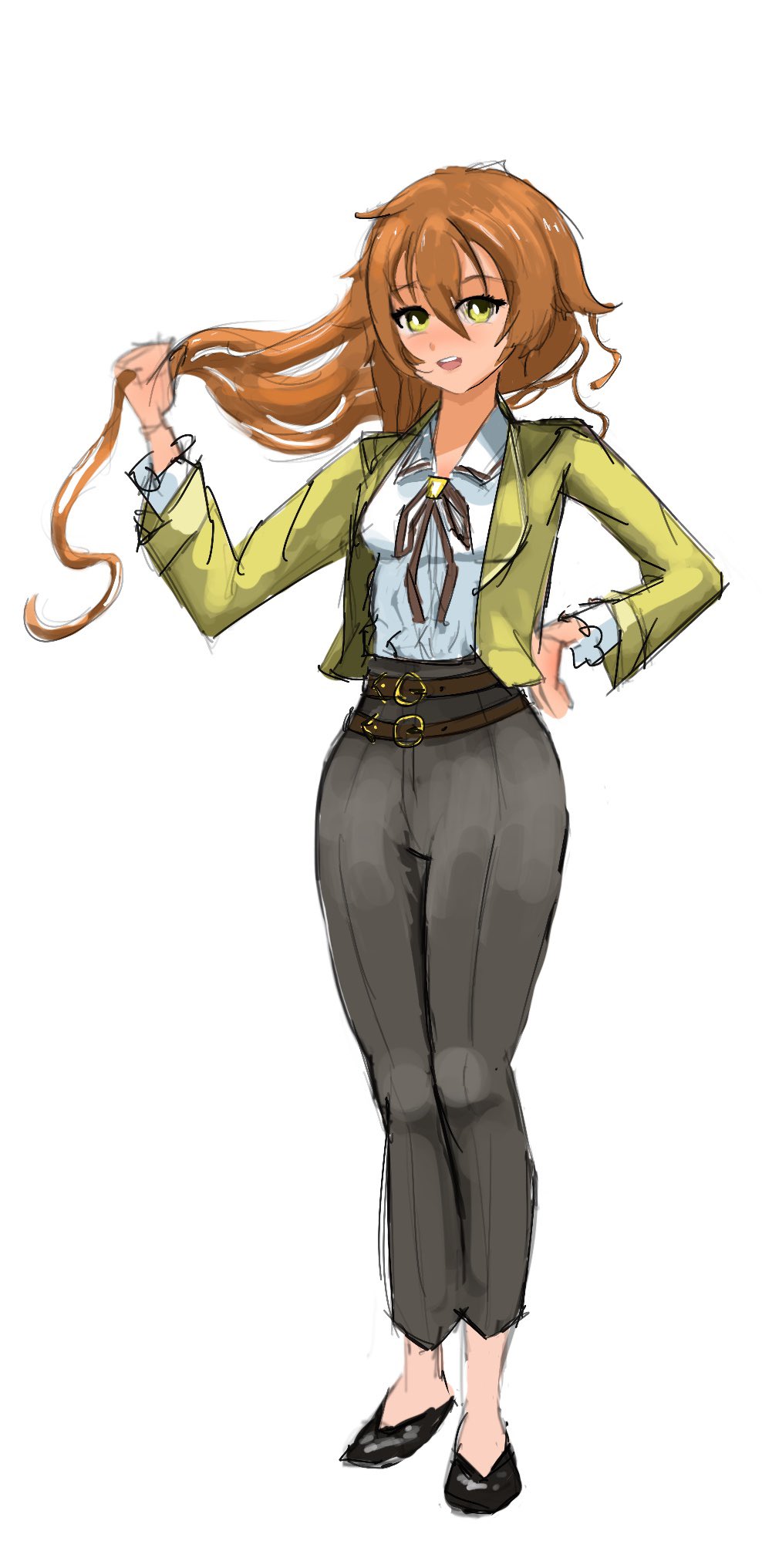 1girl, bow, brown_hair, double-parted_bangs, eiyuu_densetsu, english_commentary, full_body, green_eyes, hair_between_eyes, hand_on_own_hip, highres, kuro_no_kiseki_(series), kuro_no_kiseki_i, long_hair, looking_at_viewer, r_thors, shirt, simple_background, sketch, smile, solo, tachi-e, towa_herschel, very_long_hair, white_background