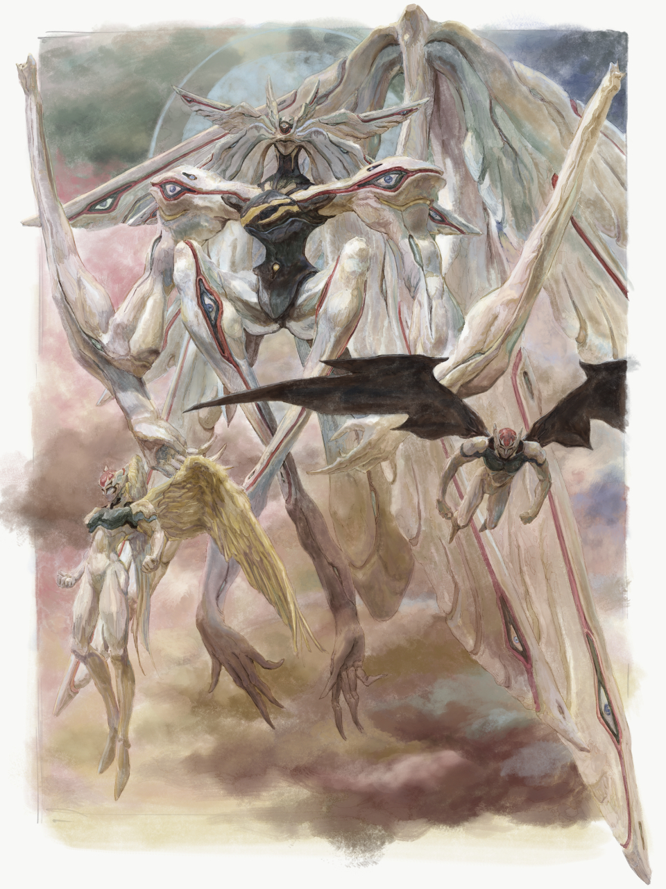 3others, angel_wings, black_wings, border, clouds, colored_skin, commentary_request, deus_(xenogears)