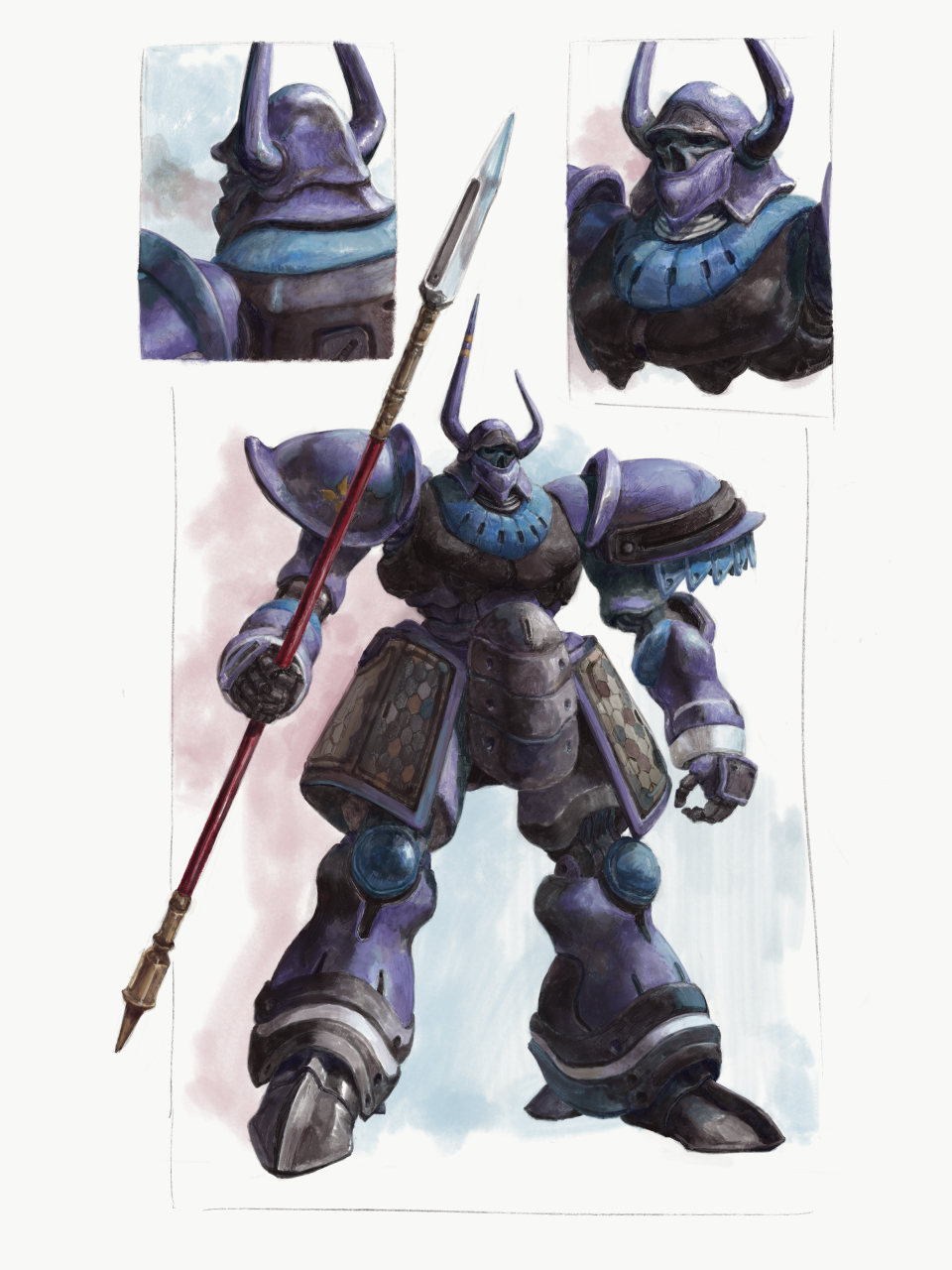 armor, character_request, commentary_request, fake_horns, helmet, highres, holding, holding_polearm