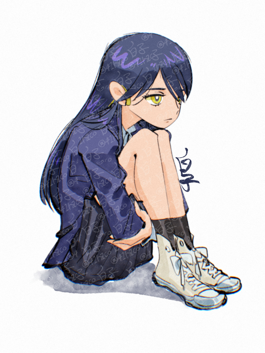 1girl, black_socks, bright_pupils, closed_mouth, commentary, cross-laced_shoes, expressionless, eyelashes