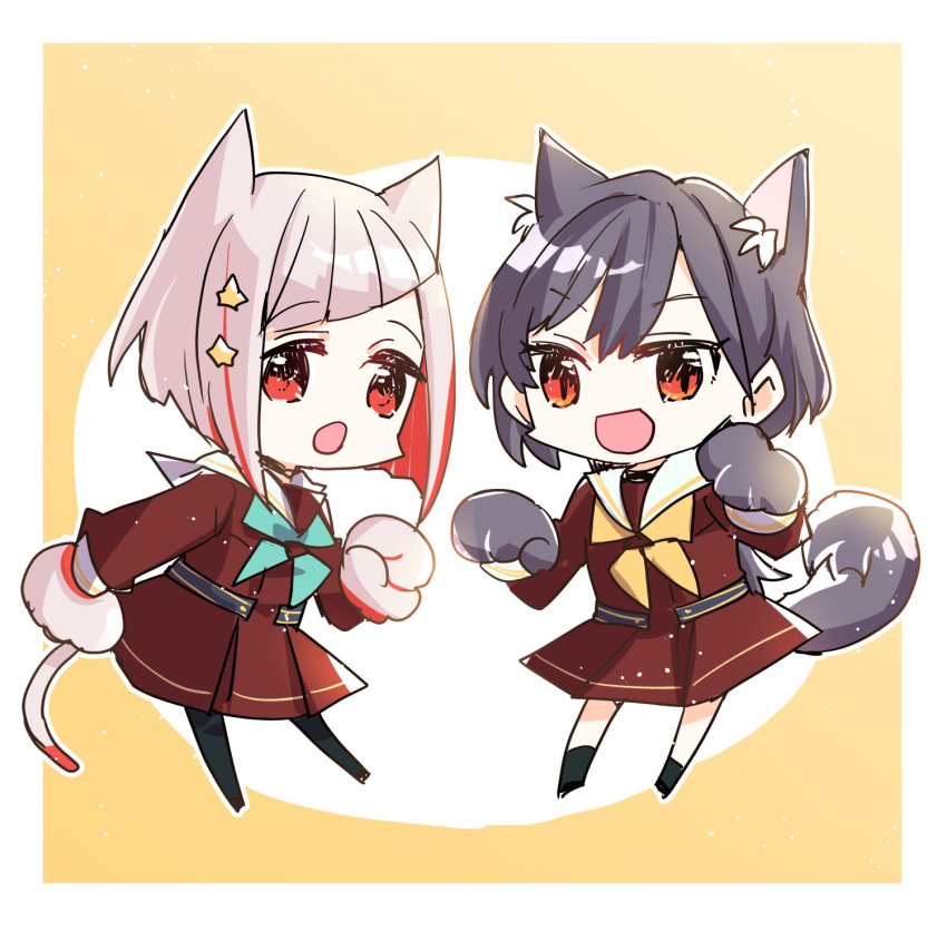 2girls, animal_ears, animal_hands, aqua_neckerchief, black_pantyhose, black_socks, bob_cut, brown_dress