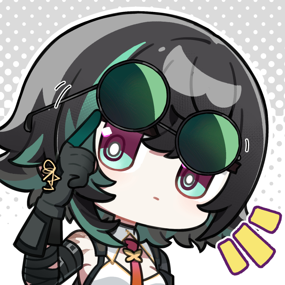 1girl, adjusting_eyewear, artist_request, black_gloves, black_hair, chibi, chibi_only, chinese_commentary