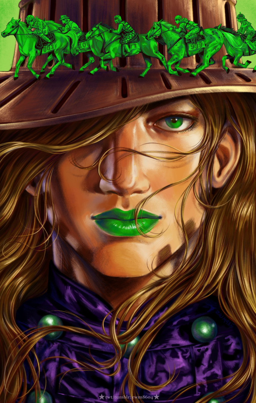 1girl, 5boys, absurdres, argyle_clothes, argyle_sweater, brown_hair, cowboy_hat, diego_brando