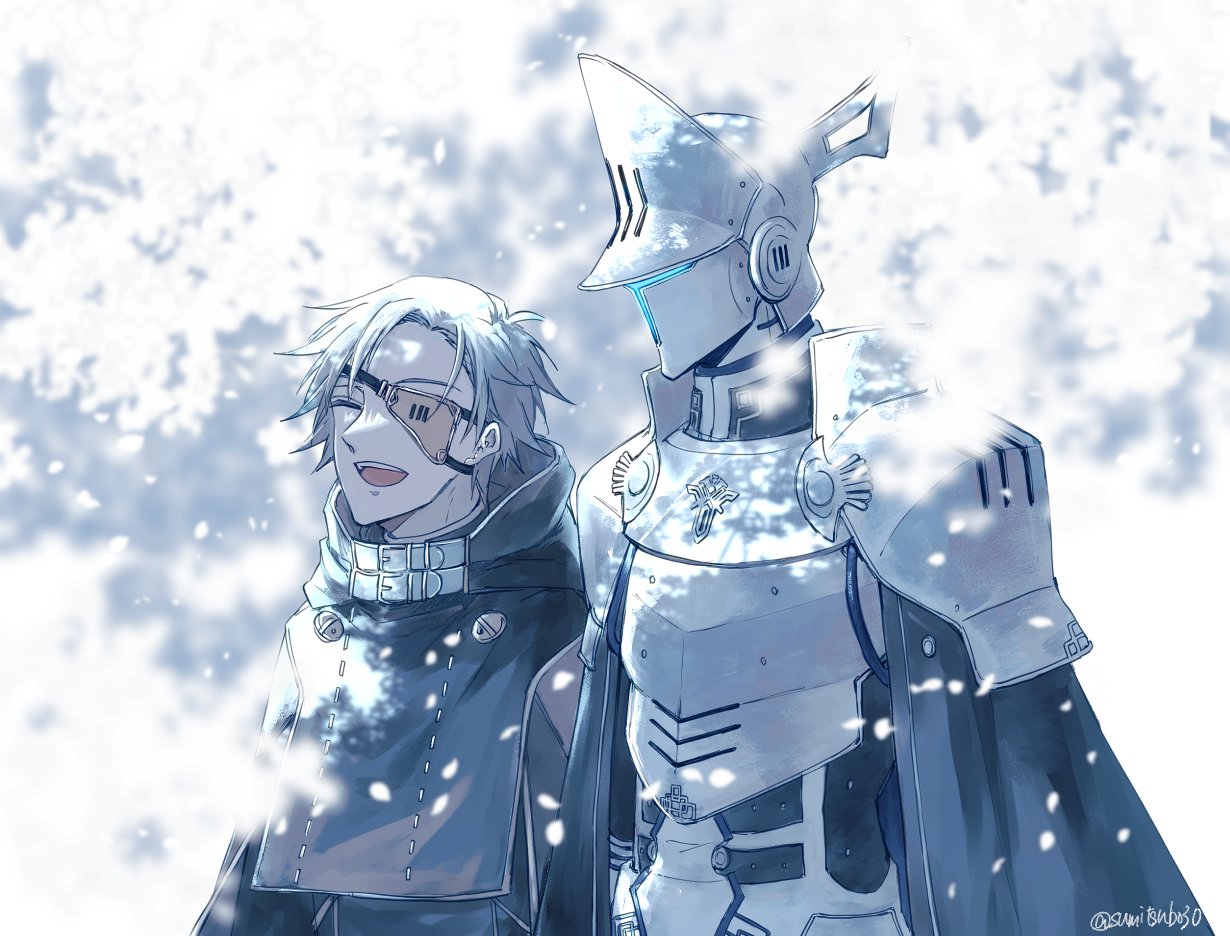 2boys, android, armor, cloak, ender_lilies_quietus_of_the_knights, ender_magnolia_bloom_in_the_mist, eyepatch, grey_hair