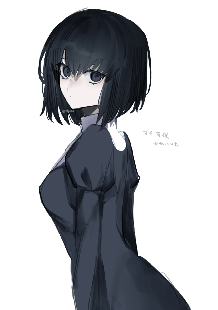 1girl, 710_ao, black_dress, black_eyes, black_hair, closed_mouth, dress, hair_between_eyes