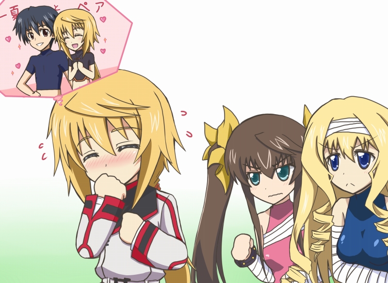 bad_id, bandage, bandages, black_hair, blonde_hair, blue_eyes, blush, bodysuit, brown_hair, cecilia_alcott, charlotte_dunois, closed_eyes, drill_hair, eyes_closed, green_eyes, hair_ribbon, huang_lingyin, imagining, infinite_stratos, long_hair, orimura_ichika, pilot_suit, reverse_(artist), ribbon