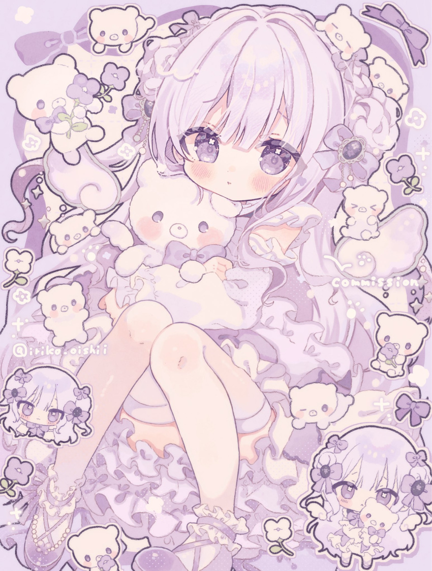 1girl, bare_shoulders, bear, blush, borrowed_character, bow, chibi, chibi_inset