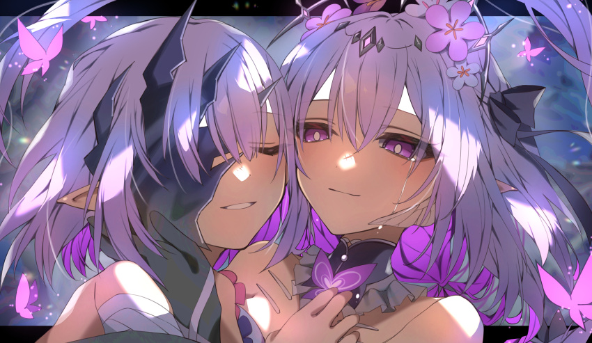 2girls, absurdres, black_tiara, castorice_(honkai:_star_rail), closed_eyes, commentary_request, flower, hair_flower