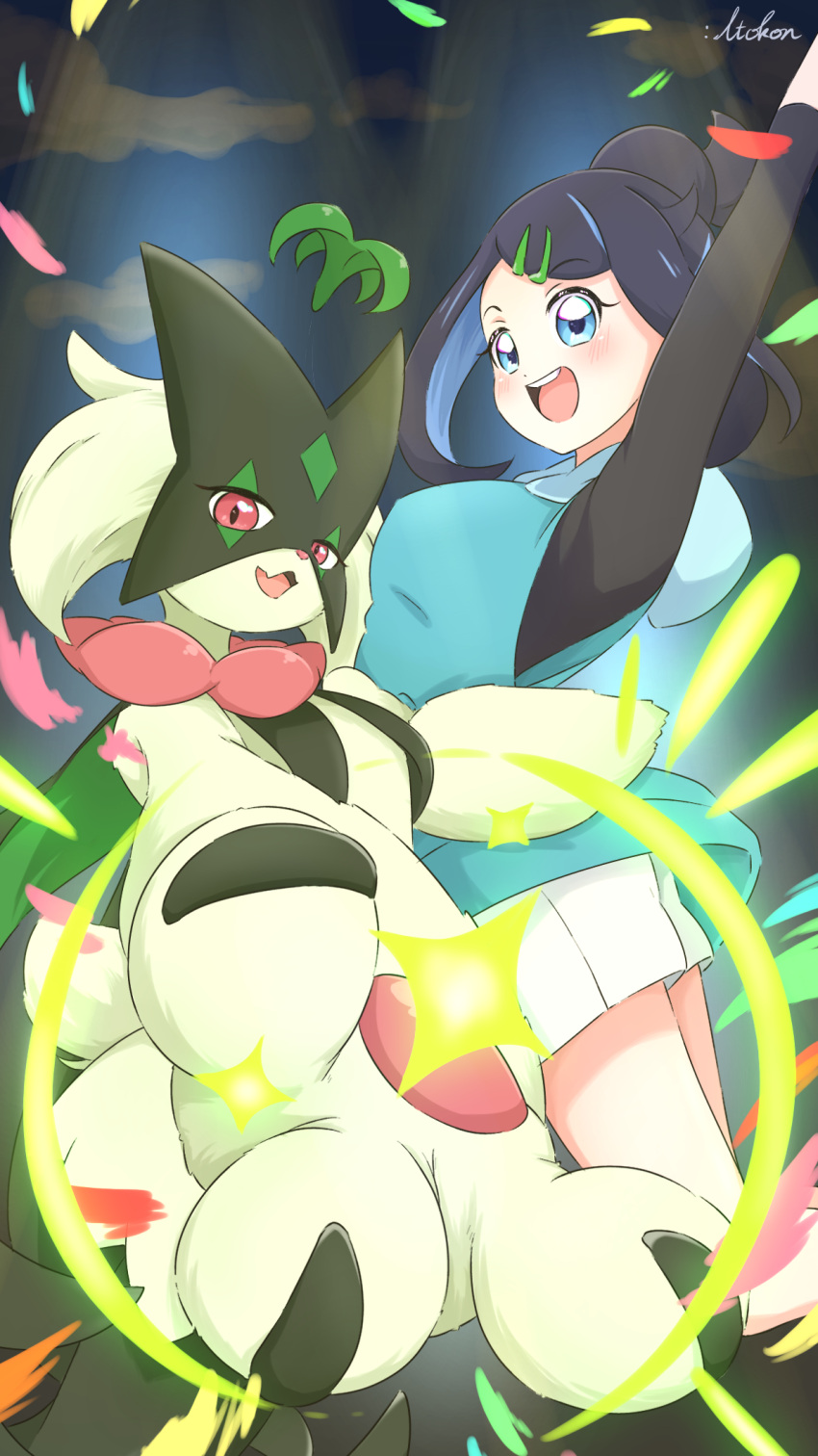 1girl, :d, black_hair, black_shirt, blue_eyes, commentary_request, eyelashes, falling_petals, hair_bun, hair_ornament, hairclip, happy, highres, itokon, liko_(pokemon), meowscarada, open_mouth, petals, pokemon, pokemon_(anime), pokemon_(creature), pokemon_horizons, shirt, shorts, signature, smile, spotlight, swept_bangs, teeth, tongue, upper_teeth_only, vest, white_shorts