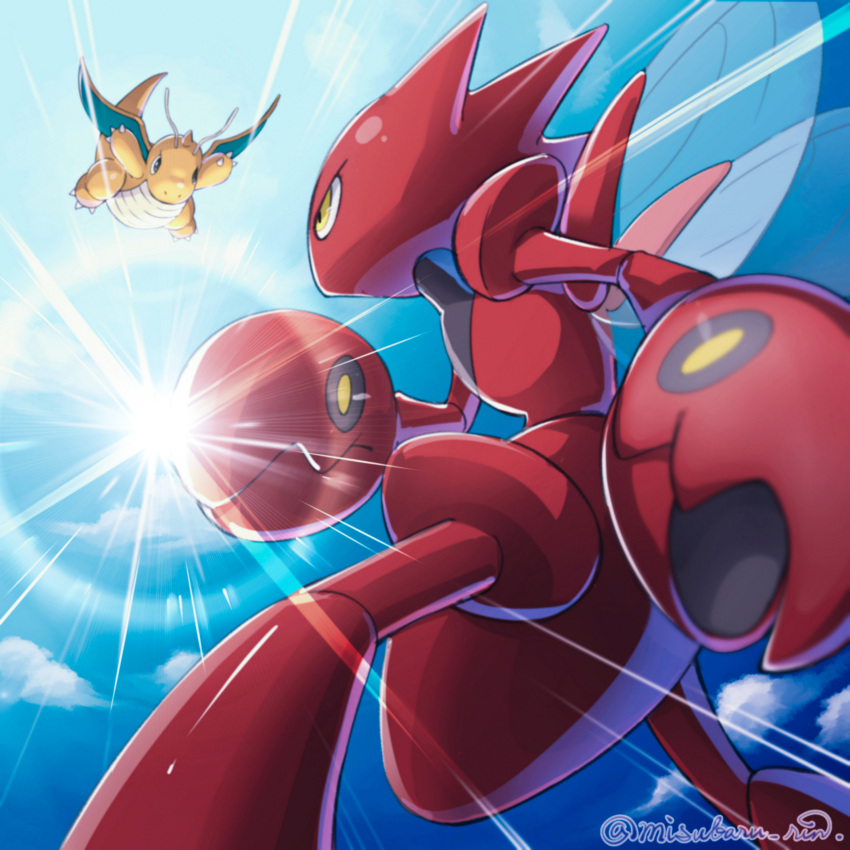 absurdres, bug, colored_skin, dragon, dragonite, flying, from_behind, highres