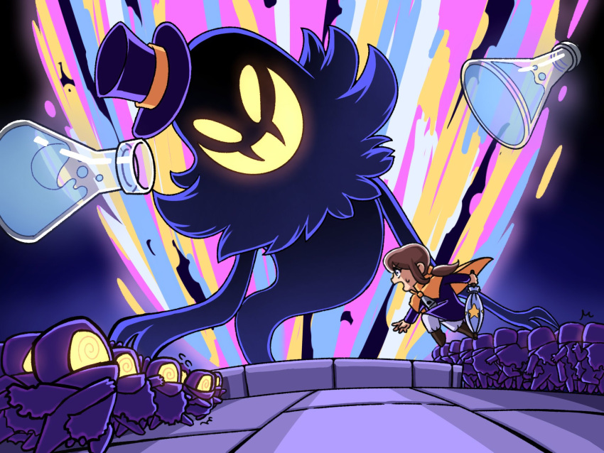 1boy, 1girl, a_hat_in_time, blue_umbrella, boots, boss_fight, brown_boots, brown_hair, cape, child, closed_umbrella, commentary_request, hair_tie, hat, hat_kid, hat_ribbon, highres, jacket, long_hair, long_sleeves, minion_(a_hat_in_time), no_headwear, open_mouth, pants, ponytail, potion, purple_hat, purple_jacket, ribbon, sidelocks, smile, snatcher_(a_hat_in_time), star_(symbol), top_hat, umbrella, white_pants, yellow_cape, yellow_eyes, yellow_ribbon, zabalam_inana, zipper_pull_tab