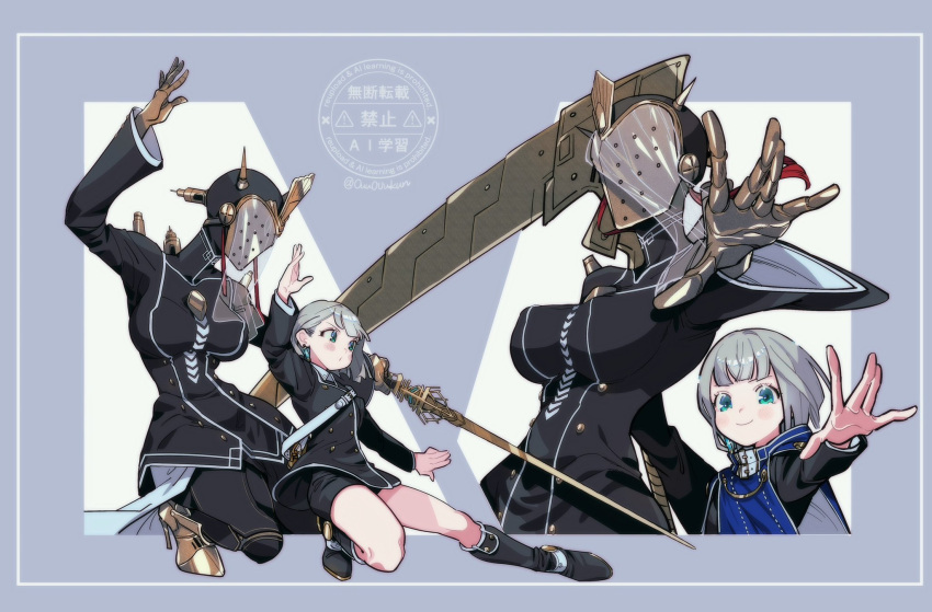 2girls, android, bike_shorts, black_dress, blue_cloak, boots, breasts, cloak