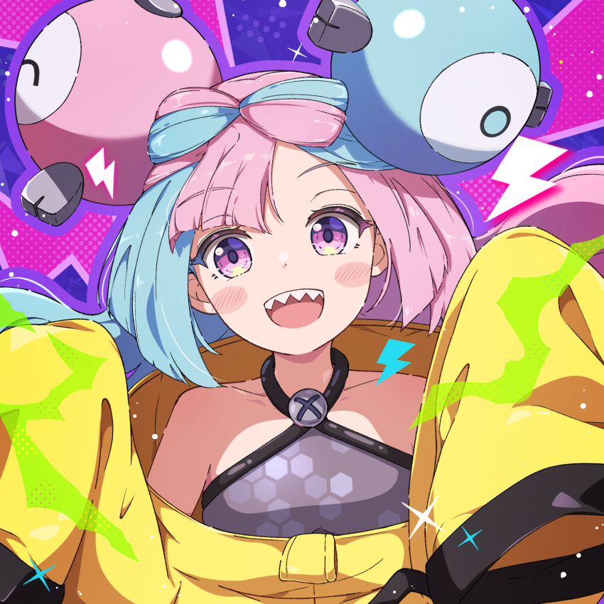 1girl, :d, blue_hair, blush_stickers, collarbone, commentary_request, grey_shirt, happy, highres, iono_(pokemon), jacket, lightning_bolt_symbol, long_hair, long_sleeves, multicolored_hair, open_mouth, pink_hair, pokemon, pokemon_sv, sharp_teeth, shirt, sleeveless, sleeveless_shirt, sleeves_past_fingers, sleeves_past_wrists, smile, solo, sparkle, teeth, two-tone_hair, upper_body, upper_teeth_only, violet_eyes, yellow_jacket, yu_wo