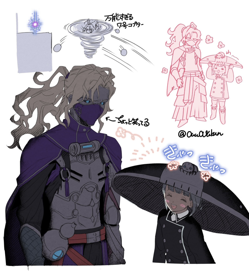 1boy, 1girl, black_sclera, blonde_hair, blue_eyes, blush_stickers, bug, cloak