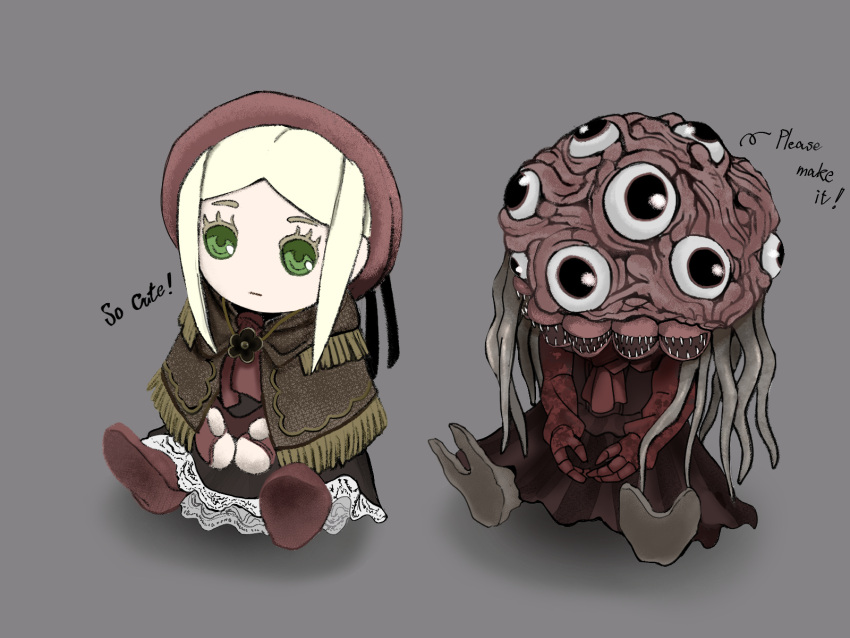 bloodborne, character_doll, commentary_request, dress, english_text, fingerless_gloves, gloves, green_eyes