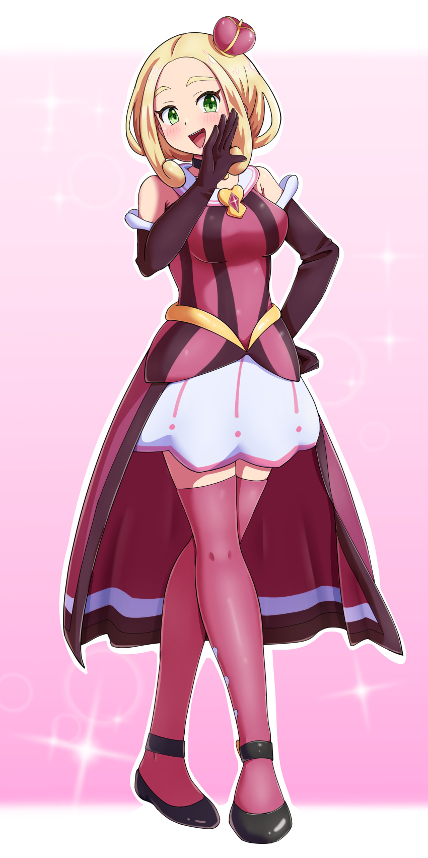 1girl, :d, absurdres, bare_shoulders, blonde_hair, commission, cosplay, crown, elbow_gloves, full_body, gloves, green_eyes, hand_on_own_hip, hand_up, happy, highres, maho_(corotonton5150), mini_crown, open_mouth, pink_background, pink_shirt, pink_thighhighs, pixiv_commission, pokemon, pokemon_masters_ex, pokemon_xy, shirt, shoes, sidelocks, skirt, sleeveless, sleeveless_shirt, smile, solo, sonia_(pokemon), sonia_(pokemon)_(cosplay), sonia_(special_costume)_(pokemon), sparkle, standing, thigh-highs, viola_(pokemon), waist_cape, white_skirt