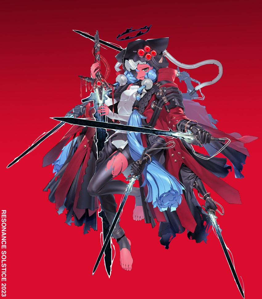 1girl, armor, artificial_eye, black_thighhighs, blue_hair, bridal_gauntlets, cable, cape
