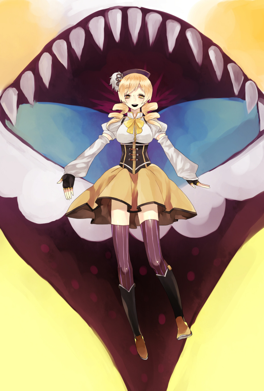 blonde_hair, boots, charlotte_(madoka_magica), drill_hair, fang, fingerless_gloves, flying, gloves